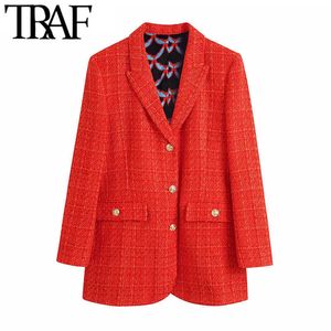 ONKOGENE Frauen Mode Mit Druck Futter Ausgestattet Tweed Blazer Mantel Vintage Langarm Taschen Weibliche Oberbekleidung Chic Veste 210930