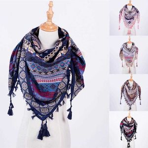 Boho halsduk kvinnor vinter bomullsblandningar hals wrap lång varm etnisk print triangel tofs multi-purpose shawl