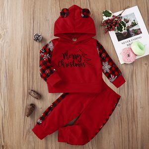 Xmas Newborn Girls Clothes Sets Spring Autumn Fashion Girl Outfits Red Checked Hooded Long Sleeved Snowflake Printed Bady Suit Kids Clothing