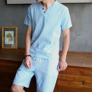 2 adet Yaz T Shirt Pamuk Keten Seti Erkekler Casual Eşofman Çin Tarzı Kore Moda Baskı Giyim