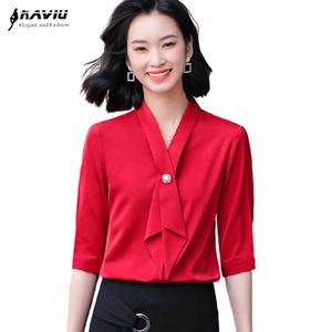 Vermelho Meia Manga Camisa Mulheres Casual Verão Flâmula Forma Formal V Neck Chiffon Blusas Escritório Senhoras Temperamento Tops 210604