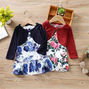 Kids Clothes Girls Sleeveless Flower Print Dress with Coat Children Floral Princess Dresses Autumn Boutique Fashion Baby Clothing 1783 B3