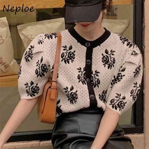 Neploe koreanska sommar stickning cardigans o neck kort puff ärm hollow out blommor tröja mode patchwork coats 210812