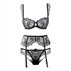 Kvinnors ultra tunna andningsbara spets se igenom push up underwire underkläder set sexiga bh + spetsar rätbälte + elastiska briefs 3pcs / set x0526