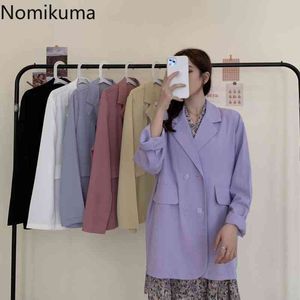 NOMikuma Chic Blazer Женщины зарезанный воротник с длинным рукавом Куртки женские Сплошные цвета Двухбордовые Корейский стиль Топы 210514