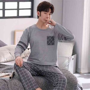 Outono manga longa casual xadrez pijama conjunto para homens coreano macio sleepwear terno pijama macho lououngewear homewear roupas caseiras 210901