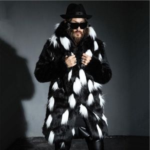 メンズレザーのフェイク冬のファッション男性の毛皮のコートスリムフィットジャケット、カジュアルなフード付きスプライス長いオーバーコートセクションプラスサイズs~4xl