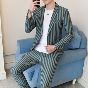 2021 autumn new suit men trend two piece Korean version of the nightclub barber suit a suit of clothes X0909