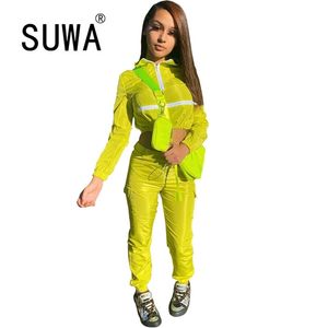 Branco Listrado Patchwork Tracksuit Mulheres Lounge Desgaste 2 Piece Set Manga Longa Suéter Top Baggy Cargo Calças Cool Streetwear 210525