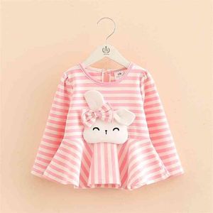 Kinder Tops Mode Frühling Herbst Langarm Oansatz Niedlichen Kaninchen Bogen Gestreift Patchwork Baby Tees Kleine Kind Mädchen T Shirts 210701