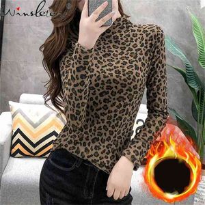 Queda Roupa de Inverno para Mulheres Grosso Leopard Imprimir t - shirts Turtleneck Mock Neck Magro Stretchy Manga Longa Tops Tshirs T09001A 210421