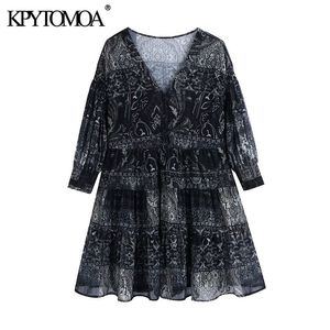 Women Chic Fashion Semi-Sheer Ruffled Printed Mini Dress Vintage V Neck Three Quarter Sleeve Female Dresses Mujer 210416