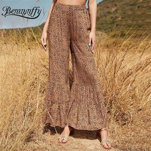Lato Dorywczo Moda Lampart Druku Spodnie Dla Kobiet Luźna Elastyczna Talia Flared Długie Spodnie Odzież 210510