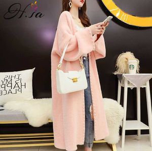 H.SA Vinter Lång Stickad Sweater Cardigans V Neck Cashmere Soft Pearl Beading Sticka Oversized Strikkad Jacka Koreanska Coat 210716