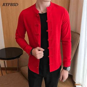 Camicia di lino a maniche lunghe da uomo Colletto alla coreana di marca Kimono casual Stile tradizionale cinese Camicie da uomo con vestibilità regolare Taglia grande 210721