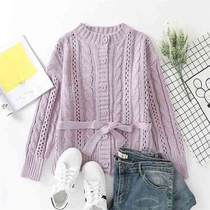 Ezgaga Sweater Women Autumn O-Neck Single Breasted Twist Long Sleeve Knitted Cardigan Lace Up Solid Loose Office Lady Elegant 210430