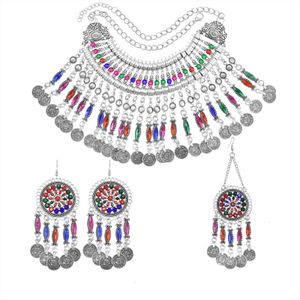 Tureckie zestawy biżuterii dla kobiet Boho Crystal Naszyjnik Kolczyk Klipy Do Włosów Monety Tassel Wedding Wedding Indyjski Afghan Tribal H1022