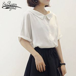 Blusas Summer韓国風人形襟流行に敏感なシャツ緩いスリムフィット半袖シフォンブラウス女性ファッション8918 50 210427