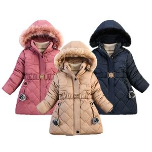 Thick Long Style Winter Keep Warm Girls Jacket Fur Collar Simulation Belt Grid Design Fashion Hooded Outerwear Coat For Kids 211204