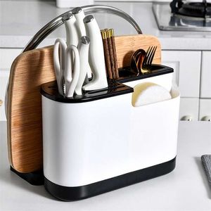 Kitchen Utensil Holder Plastic Knife Block Drainboard Tableware Cutting Board Storage Rack Shelf Organizer 211110