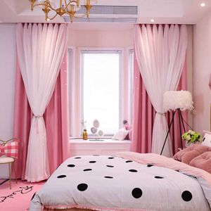Korean Double Pink Princess Curtains For Living Room Hollow Stars Lace Curtain For Bedroom Shade Curtain Tulle Cloth Room Supply 210712