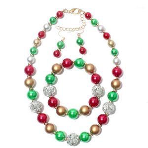 Earrings & Necklace Christmas Bracelet Child Girl Imitation Pearl Red Green Jewelry Set Party Year Gift