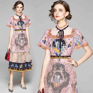 Sommar sjöjungfru tecknadtryck patchwork broderi mesh Sequined Women's Flare Sleeve Bow Collar Star Moon Runway Dress 210416