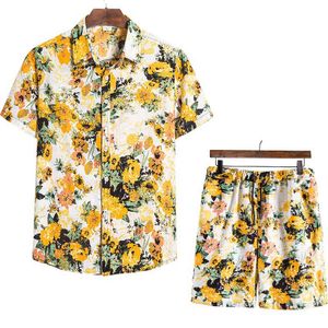 Flor Men's Sets Manga Curta Verão Casual Aloha Camisa Terno Imprimir Hawaiian Beach Shorts Set Oversize Streetwear 13+ Cores 210524