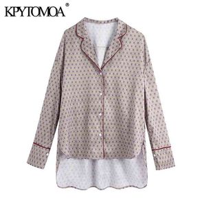 Women Fashion Patchwork Piping Print Loose Asymmetric Blouses Long Sleeve Button-up Female Shirts Chic Top 210420