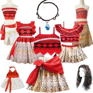 Kids Moana Costume for Girls Straps Backless Vaiana Summer Dress Wig Children Baby Clothes Carnival Christmas Birthday Attire 220225