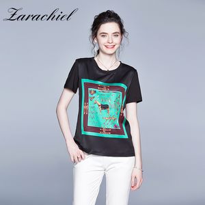 Summer Women Casual Print Patchwork Satin Shirt Fashion Tops Tees Rayon T-shirts Loose O-Neck Short Sleeve Tshirts 210416