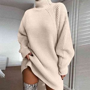 turtleneck knitted oversized sweater dress women autumn winter casual vintage lantern sleeve 210427