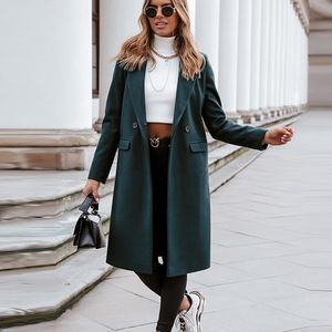 Kvinnorsullblandningar 2021 Mode Elegant Lady Long Overcoat Casual Loose Turn-down Collar Woolen Coat Toppar Kvinnor Höst Vinter Sleeve Oute