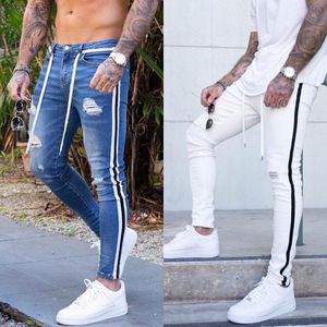 Herren Jeans Männer Skinny Biker Destroyed Slim Fit Ripped Holes Denim Hose Seitlich gestreift Bleistifthose Hip Hop Blau Weiß Schwarz Mode