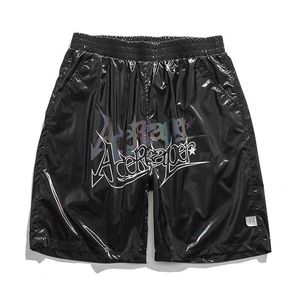 Glänsande läder shorts män sommar reflekterande brev tryckta strandbyxor mode hajuku plus storlek 5xl byxor man