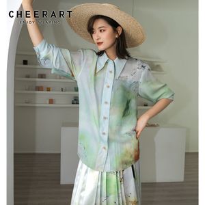 Tie Dye Mint Green Top Long Sleeve Blouse Women Shirt Aesthetic Paint-Splashing Designer Ladies Collar 210427