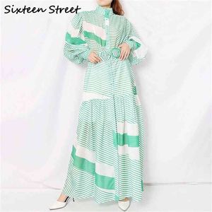 Kobieta Długa Sukienka Sashes Zielony Paski Latarnia Rękaw Vestidos Boho Split Maxi Kobieta Jesień Zima 210603