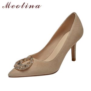 Meotina Kid Suede High Heel Shoes Women Real Leather Stiletto Heels Pumps Pointed Toe Crystal Wedding Shoes Ladies Footwear 40 210520