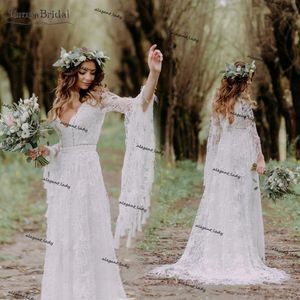 Flare Kol Tığ Dantel Gelinlik Pamuk Hippi Bohemian Zarif Gelinlikler Romantik Moda Vestido De Noivas