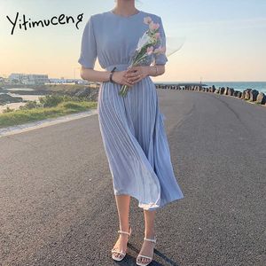 Yitimuceng vestidos plissados ​​para mulheres cintura alta manga curta azul sundress verão francês moda elegância midi vestido 210601