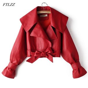 Autumn Faux Soft Leather Jacket Women Loose Turndown Collar Coat Short Bow Belt Biker Black Red Motorcycle Outwear 210423