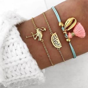 S2787 Moda Jóias Clássico Feito à Mão Enfeites Pulseira Para Mulheres Rosa Borlas Concha Melancia Flamingo Charms Conjunto de Pulseira 3 pçs/conjunto