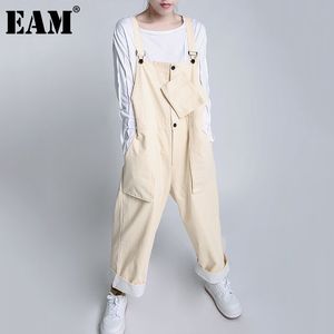 [EAM] High Waist YellowBig Size Wide Leg Ankle-length Overalls Loose Fit Pants Women Fashion Spring 1DD708507 21512