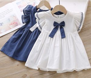 Crianças Vestidos Verão Little Girls 'Lace Manga Bow Saias Corean Senhora Estilo, Tamanho 90-130cm