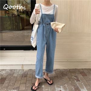 Qooth Womens High Waist Jean Suspender 바지 느슨한 스트레이트 넓은 다리 Jean 바지 인과 원인 포켓 전체 길이 바지 QT695 210518