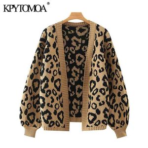 Women Fashion Leopard Pattern Loose Knitted Cardigan Sweater Lantern Sleeve Female Outerwear Chic Tops 210420