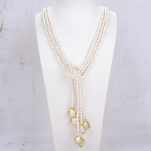 Guaiguai joias 3 fios naturais cultivados arroz branco pérola lariat longo suéter corrente colar feito à mão para mulheres pedras preciosas reais5922549