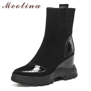 Meotina Winter Ankle Boots Women Kid Suede Wedge Heels Short Boots Zipper Super High Heel Shoes Ladies Autumn Black Size 34-39 210608