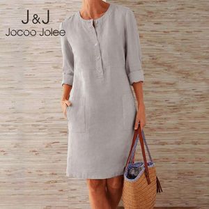 JOCOO Jolee Vintage Prosta Sukienka Z Długim Rękawem Plus Size Mini Sukienka Kobiety Casual Soild Długi Rękaw Bawełniany i Pościel Tunika Dress 210518