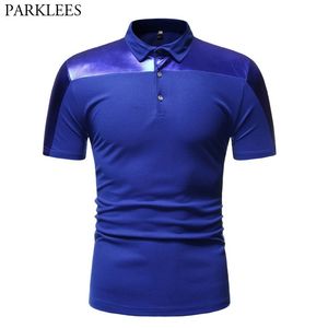 Royal Blue Short Sleeve Polo Shirt Men Fashion Shiny Coated Metallic Patchwork Hip Hop Polo Homme Party Nattklubb Män Polos 210524